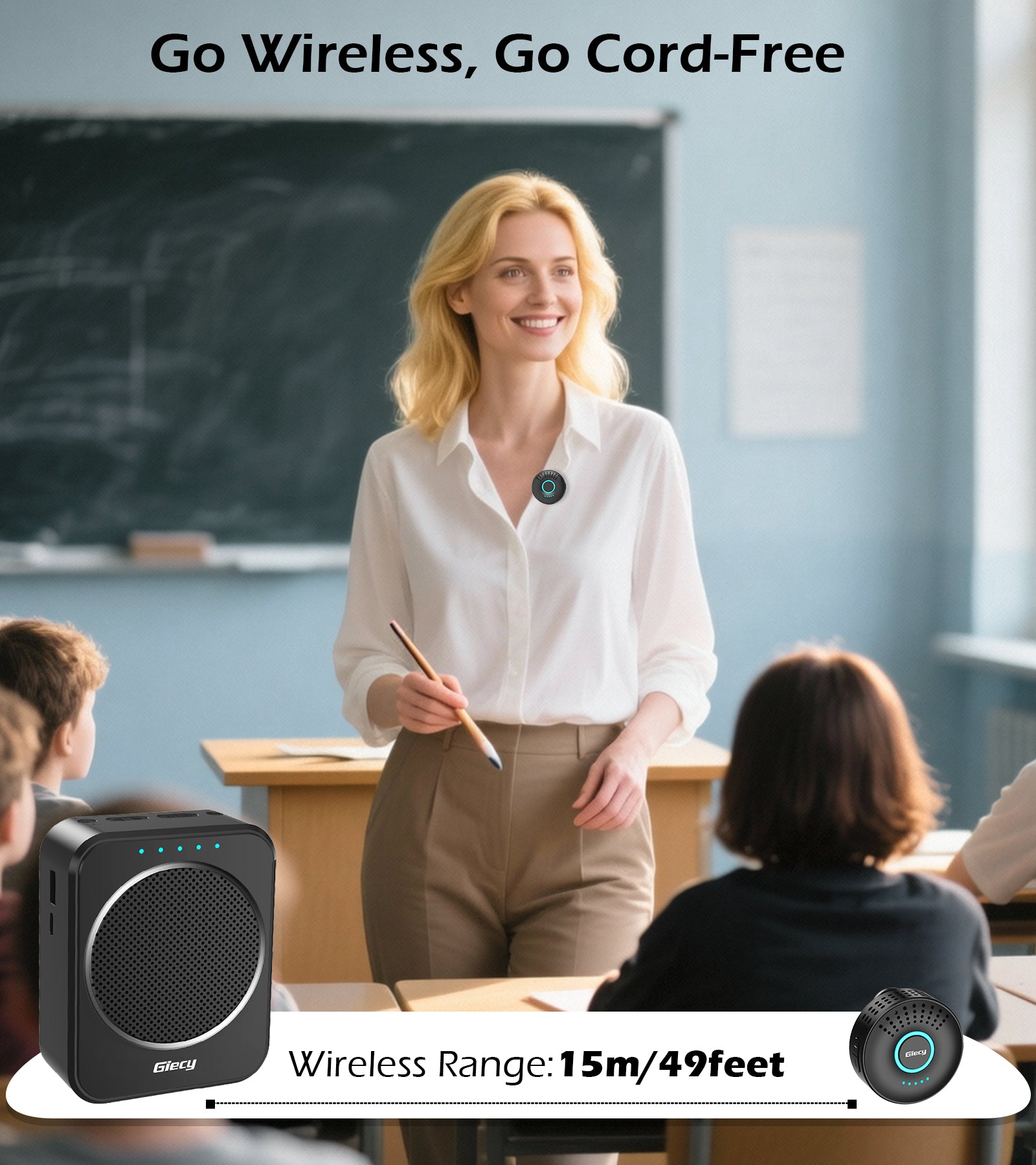 Giecy Portable Voice Amplifier with 2.4G Lavalier Microphone, 30W Bluetooth 5.3 Speaker, TF Card/USB/FM Radio/Recording for Teachers, Tour Guides, Presentations