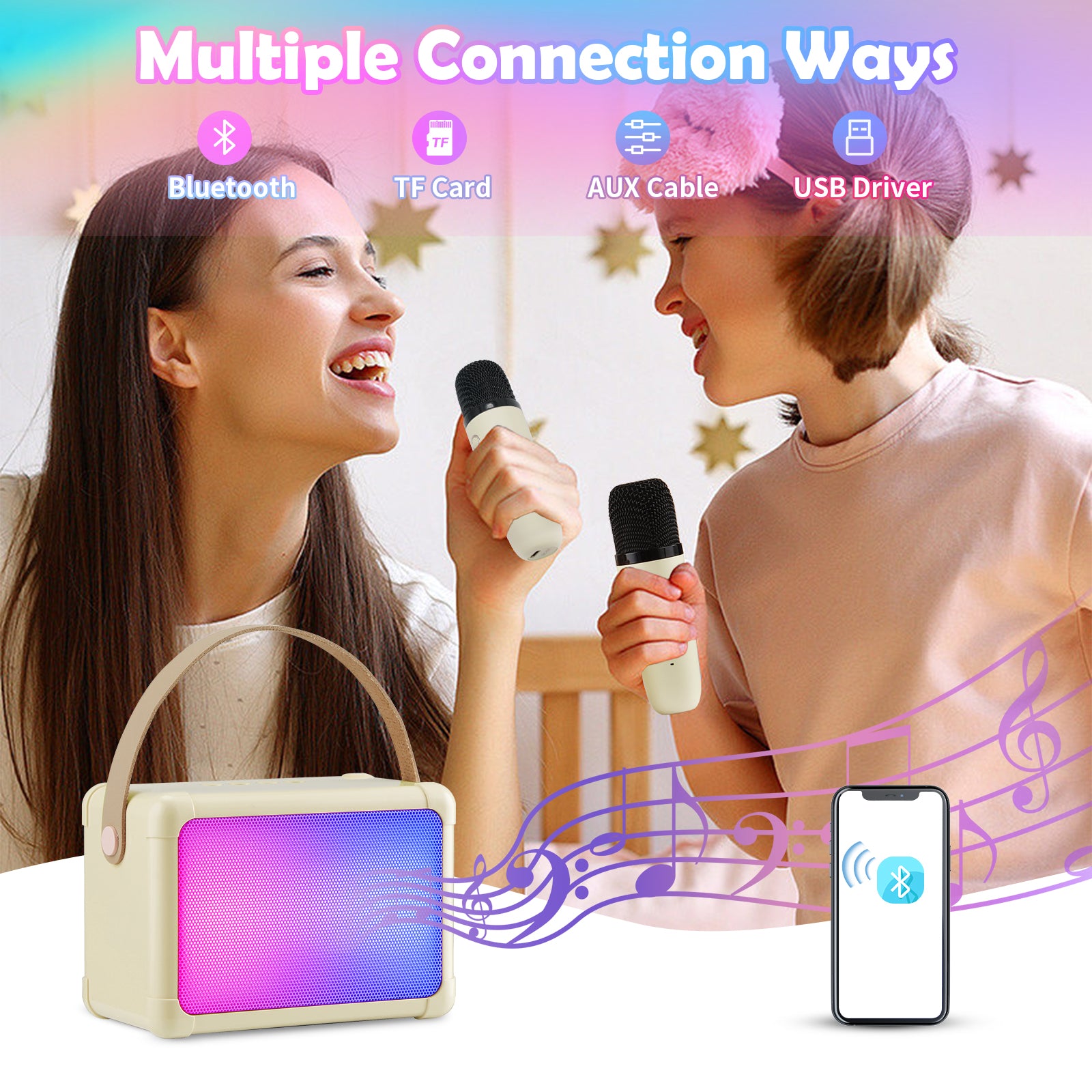 Giecy Karaoke Machine for Kids, Mini Portable Bluetooth Karaoke Speaker with 2 Wireless Mics and Colorful Lights for Kids Adults, Gifts Toys for Girls Boys Family Home Party