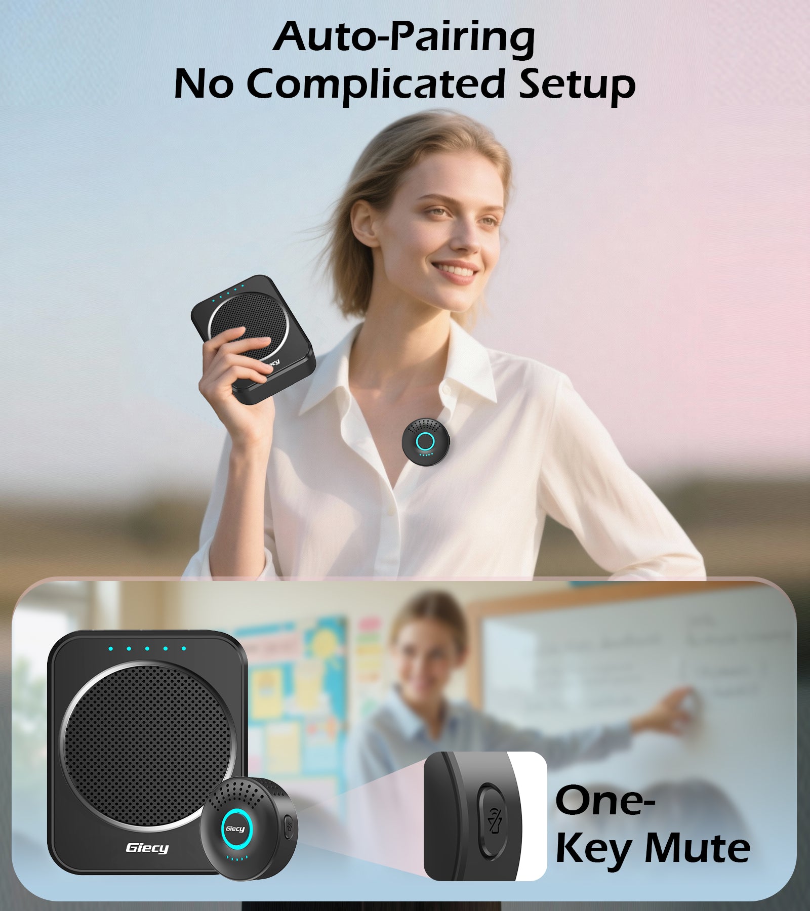 Giecy Portable Voice Amplifier with 2.4G Lavalier Microphone, 30W Bluetooth 5.3 Speaker, TF Card/USB/FM Radio/Recording for Teachers, Tour Guides, Presentations