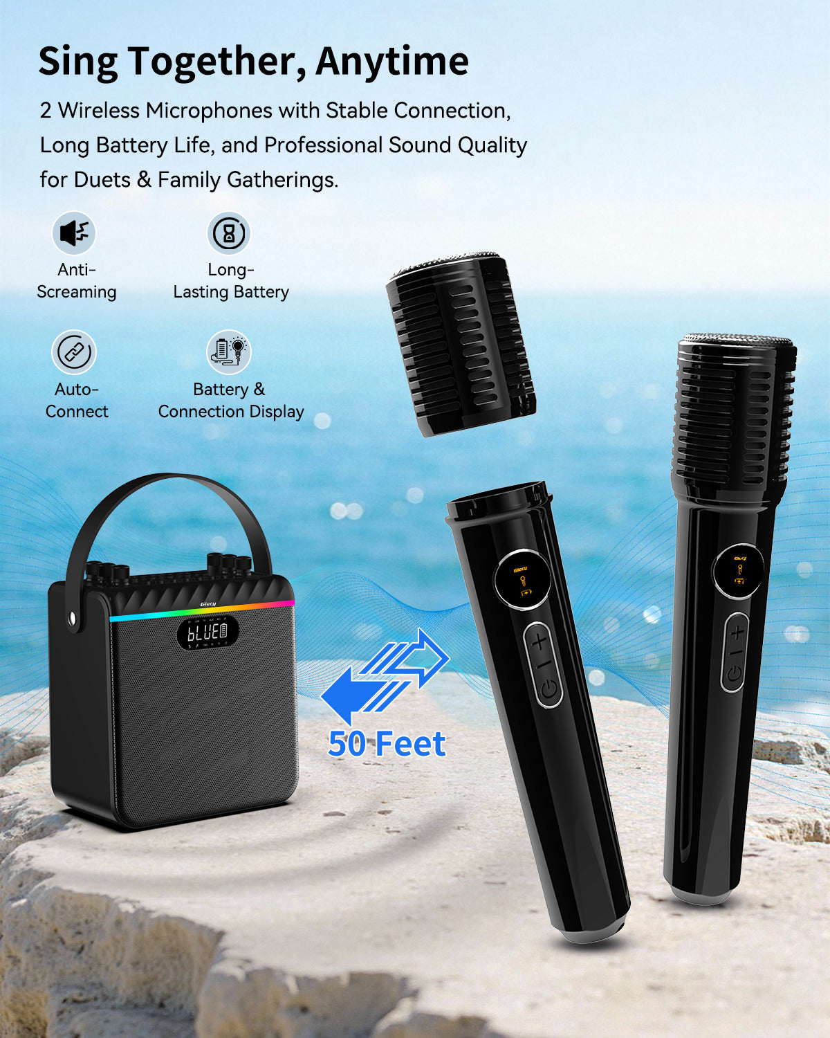 Giecy Voice Amplifier with 2 Wireless Microphones, 6600mAh Portable PA Speaker System, Karaoke Machine Bluetooth Speaker Support BT/USB/TF Card/AUX/Guitar for Teachers, Speaking, Singing, Outdoor Events