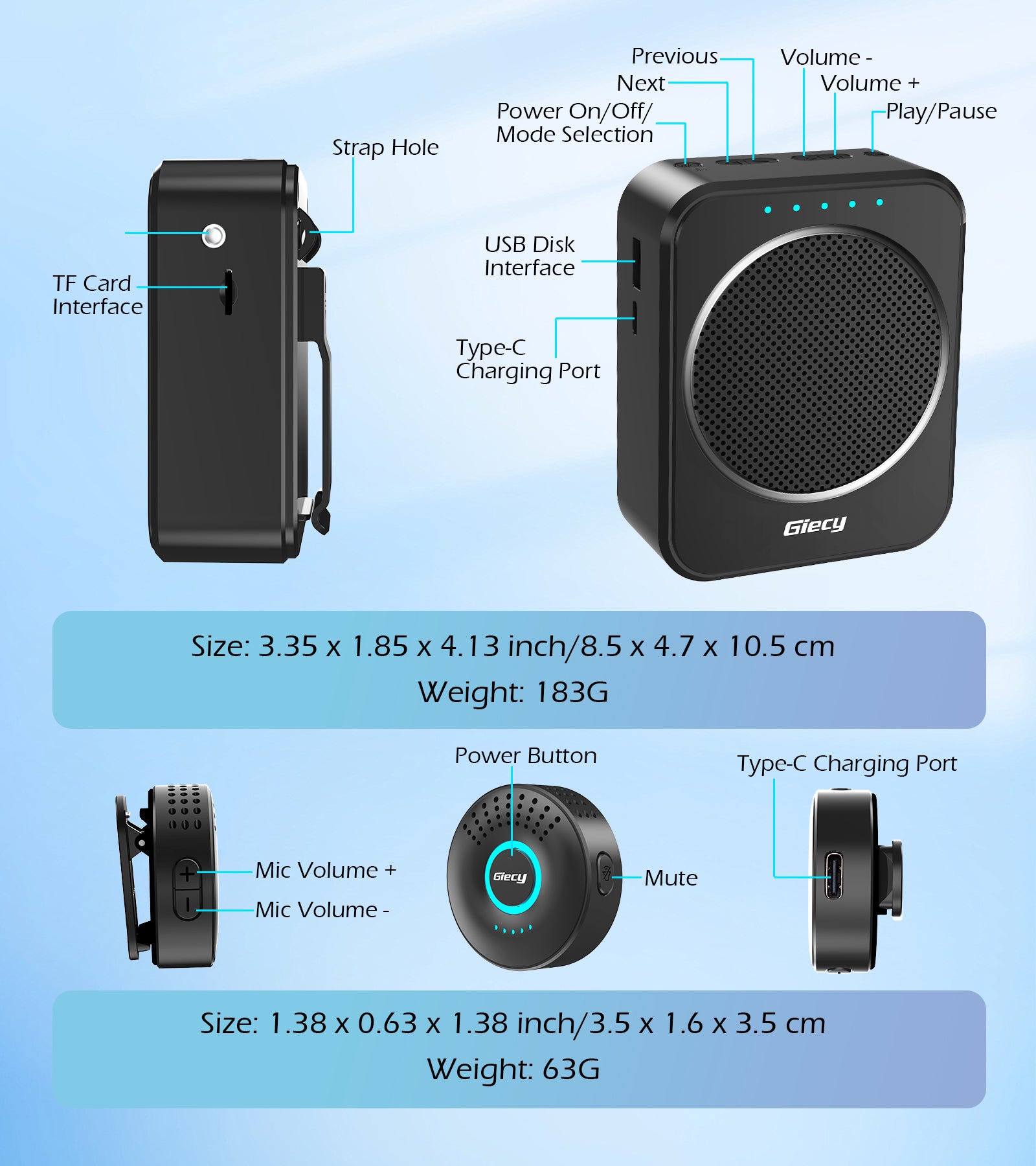 Giecy Portable Voice Amplifier with 2.4G Lavalier Microphone, 30W Bluetooth 5.3 Speaker, TF Card/USB/FM Radio/Recording for Teachers, Tour Guides, Presentations