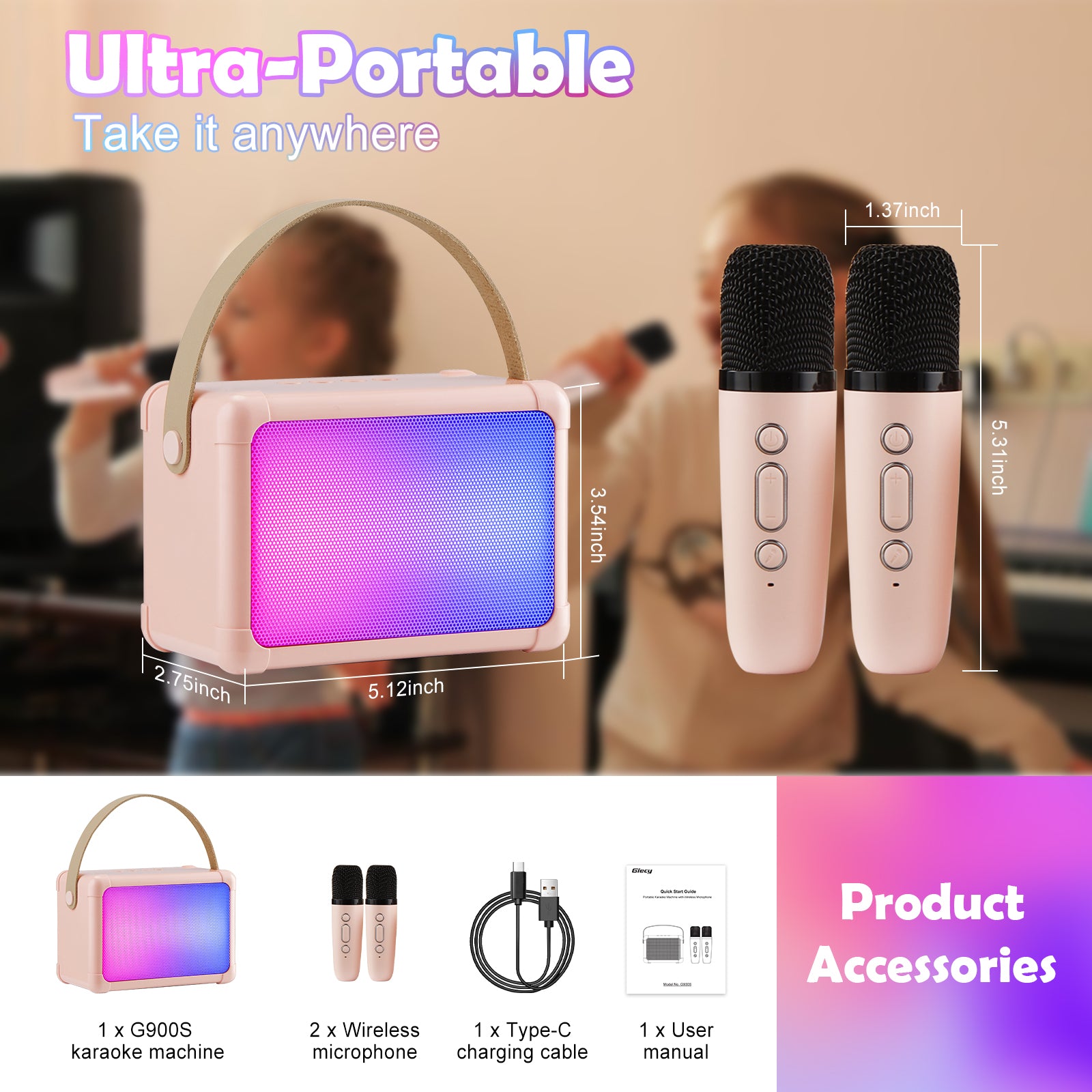 Giecy Karaoke Machine for Kids, Mini Portable Bluetooth Karaoke Speaker with 2 Wireless Mics and Colorful Lights for Kids Adults, Gifts Toys for Girls Boys Family Home Party