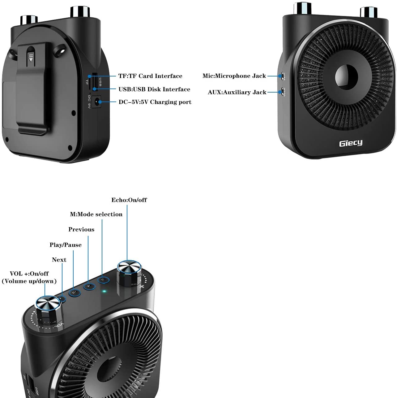 Giecy Voice Amplifier Portable 20W 2600mA Rechargeable with Wired Microphone Headset for Teachers Tour Guides,Meetings and Classroom
