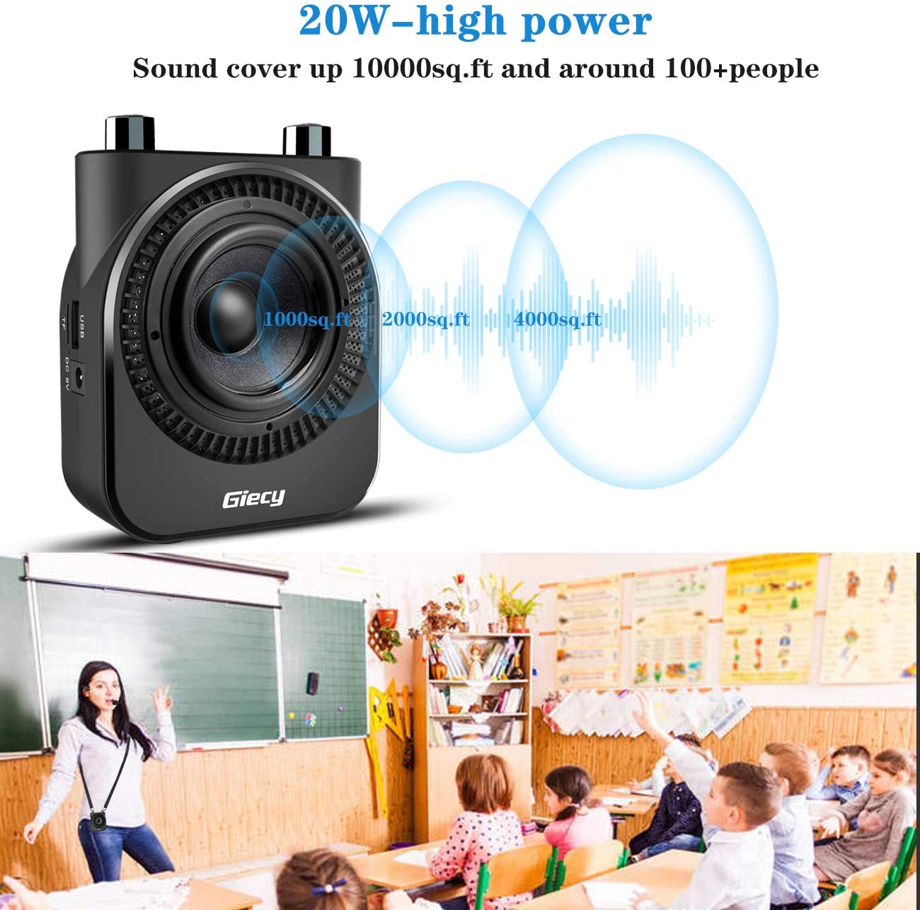 Giecy Voice Amplifier Portable 20W 2600mA Rechargeable with Wired Microphone Headset for Teachers Tour Guides,Meetings and Classroom
