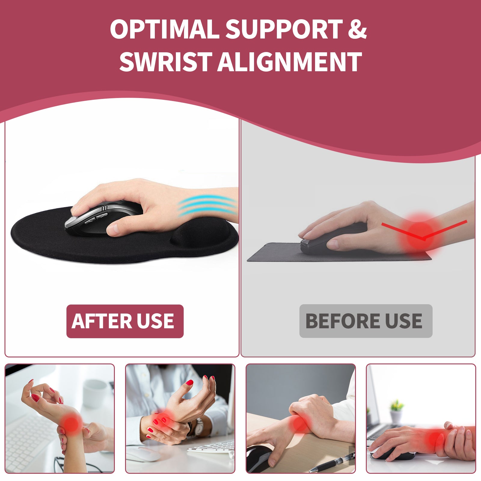 Mouse Pad Wrist Support, Ergonomic Gel Mouse Pad with Wrist Rest, Comfortable Computer Mouse Pad for Laptop, Pain Relief Mousepad with Non-Slip PU Base