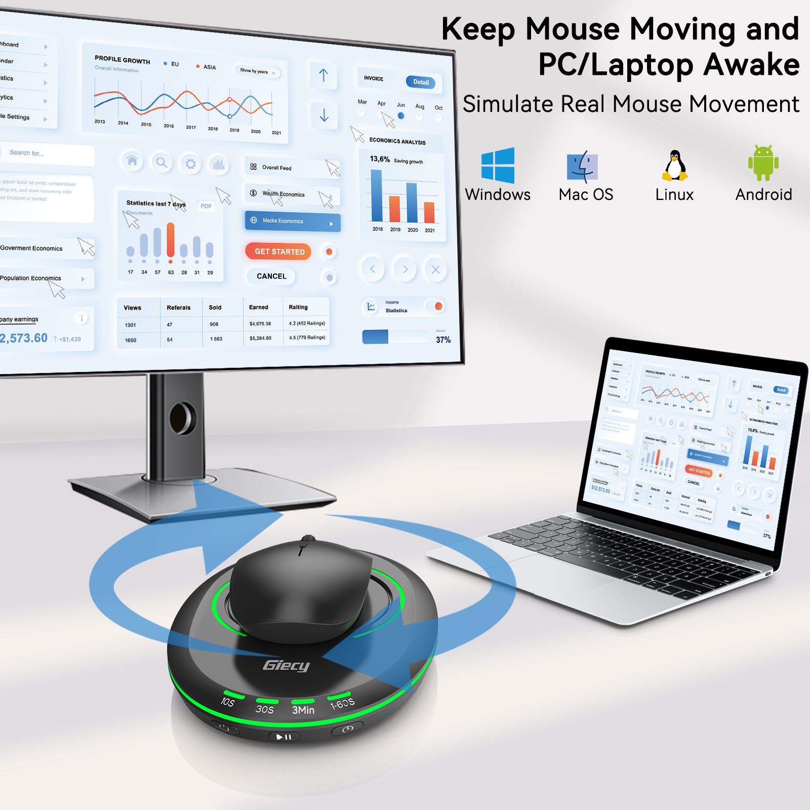 Ultra Slim Mouse Mover, Mouse Jiggler with Adjustable Interval Timer, Undetectable & Breathing Light, Simulates Realistic Mouse Movement for Keeping Computer Laptop Active