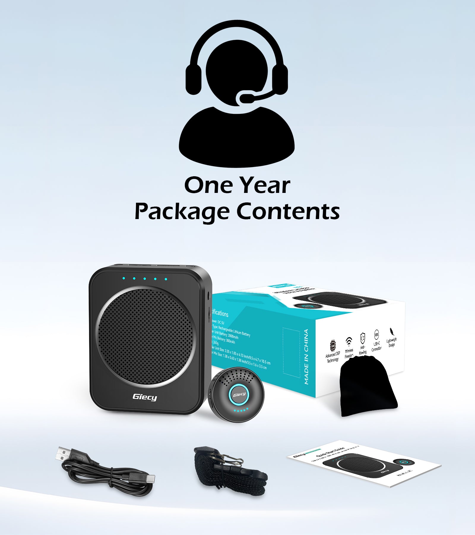 Giecy Portable Voice Amplifier with 2.4G Lavalier Microphone, 30W Bluetooth 5.3 Speaker, TF Card/USB/FM Radio/Recording for Teachers, Tour Guides, Presentations