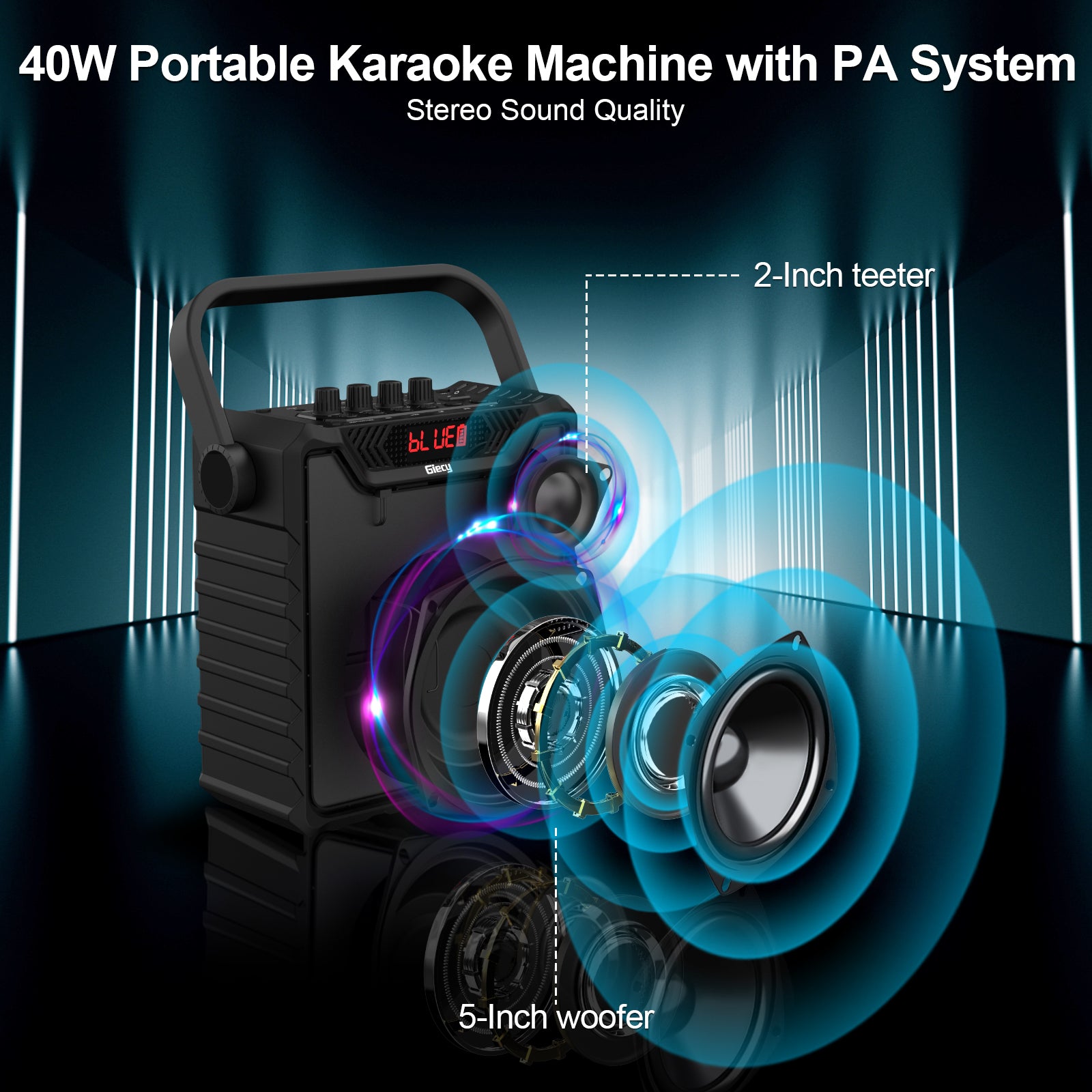 Giecy Karaoke Machine with 2 UHF Wireless Microphones,6000mAh Portable Microphone Speaker Set Rechargeable PA System with FM, REC, Supports Bluetooth/USB/TF Card/Aux-in for Party