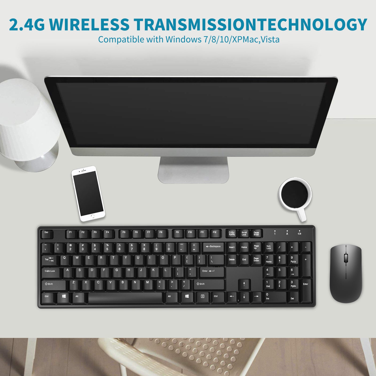 Giecy Wireless Keyboard and Mouse Combo 2.4G Wireless Full Size Slim Keyboard, Low Power Mouse and Keyboard Ergonomic，for Windows PC, Laptop - Black
