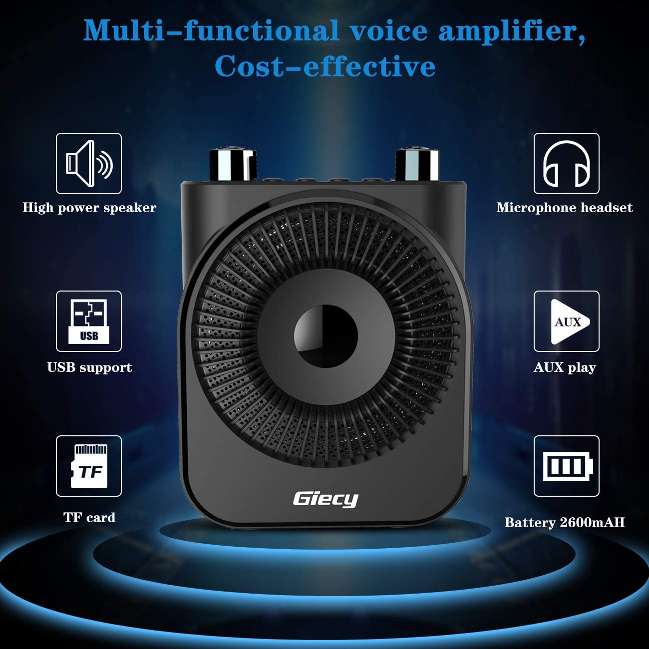 Giecy Voice Amplifier Portable 20W 2600mA Rechargeable with Wired Microphone Headset for Teachers Tour Guides,Meetings and Classroom