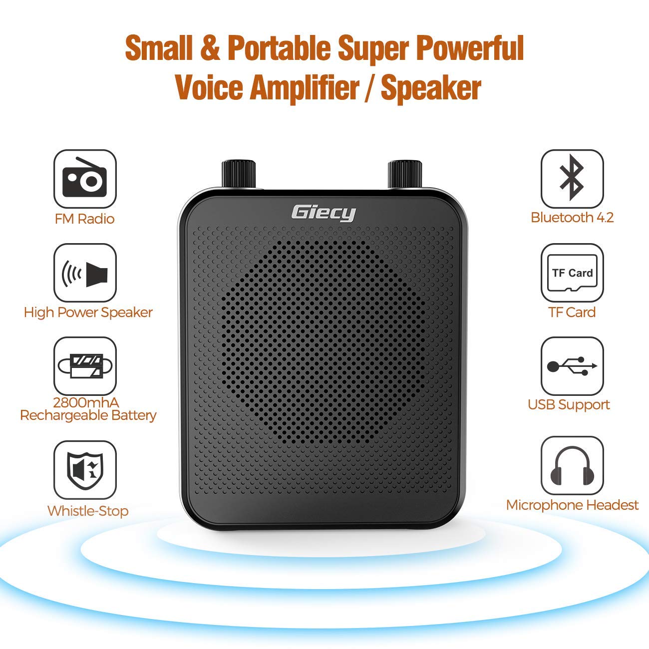 Giecy Voice Amplifier Portable Bluetooth 30W 2800mAh Rechargeable PA System Speaker for Multiple Locations Such as Classroom, Meetings and Outdoors（black/yellow/red）